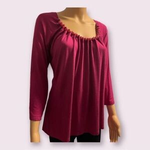 WILLS Smith women top/ tunic burgundy/maroons 3/4 sleeves ruched/beaded front M